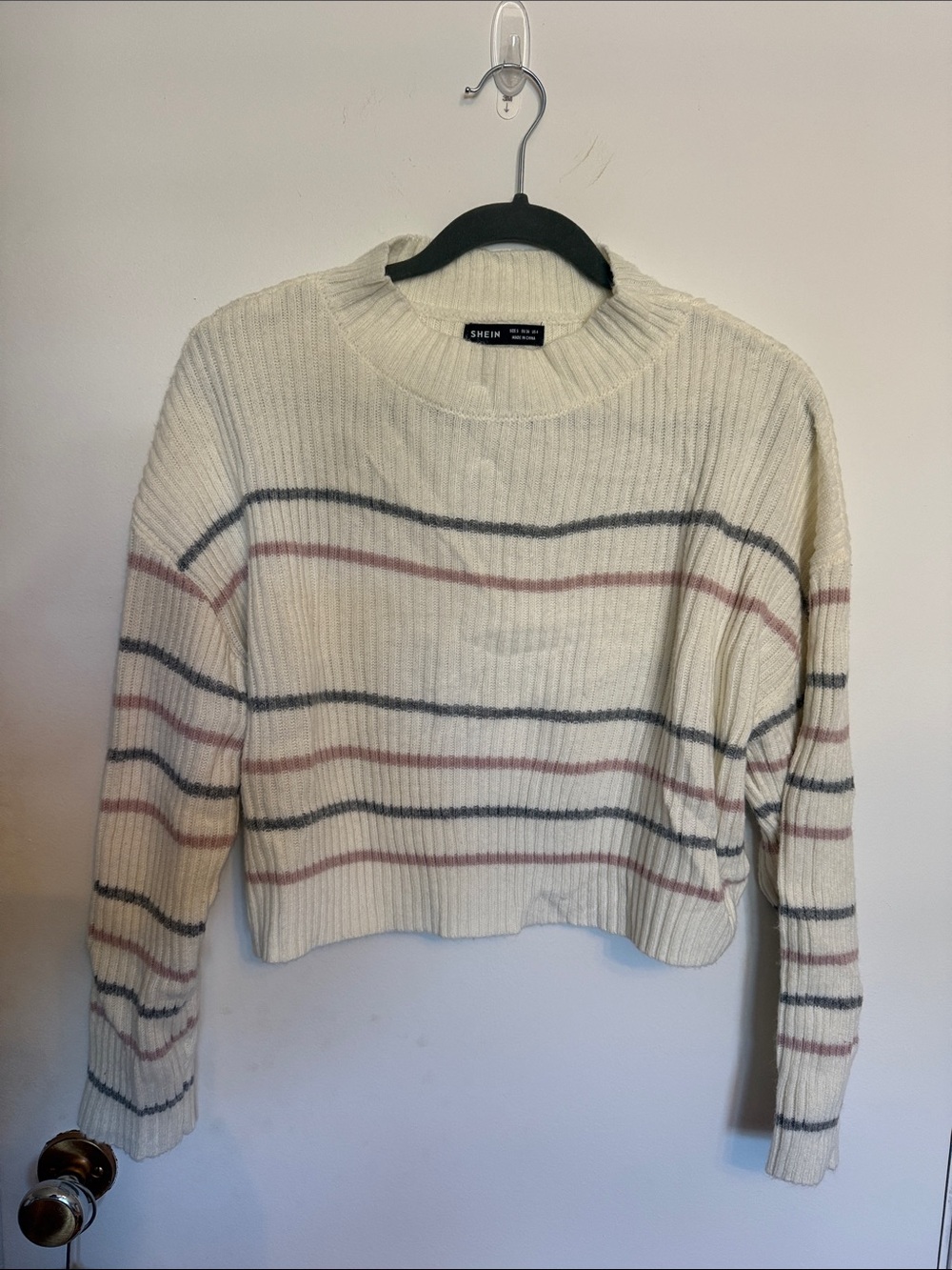 SHEIN Cream Ribbed Crewneck Sweater with Gray and Dusty Pink Stripes